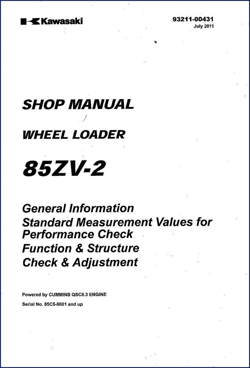 Kawasaki 85ZV-2 2011 Workshop Manual – factory OEM shop manual cover showing wheel loader and manual number 93211-00431