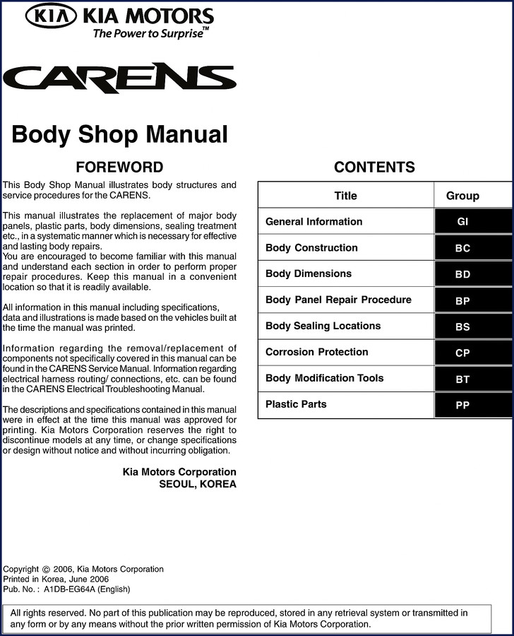 KIA Motors CARENS 2006 Body Shop Manual cover - factory service manual