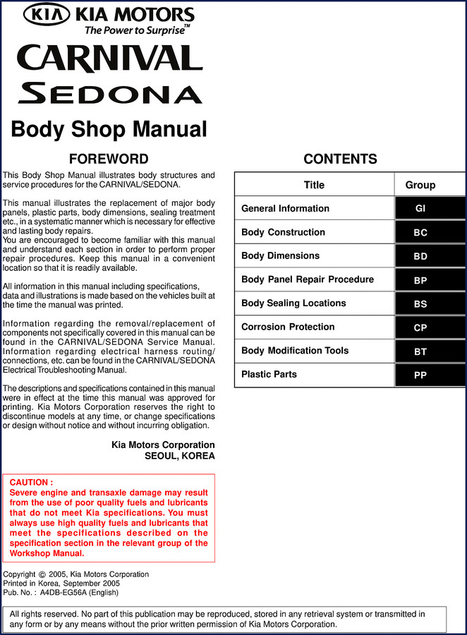 KIA Motors CARNIVAL SEDONA 2005 Workshop Manual cover - factory body repair manual