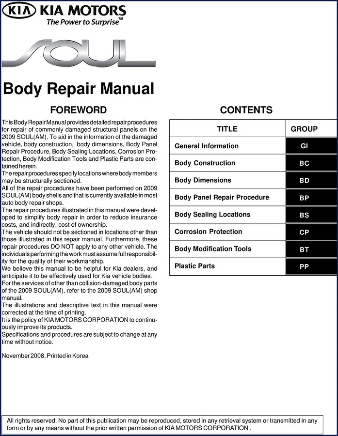 KIA Motors Soul 2008 Repair Manual cover – Body Repair Manual – 218 pages