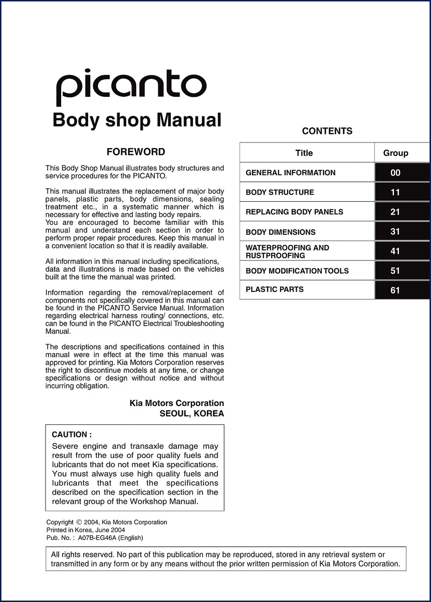 Kia Picanto 2004 Workshop Manual cover - Body Shop Manual 121 pages