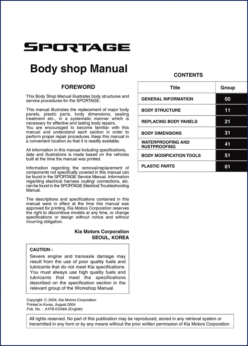 2004 Kia SPORTAGE Body Shop Workshop Manual cover