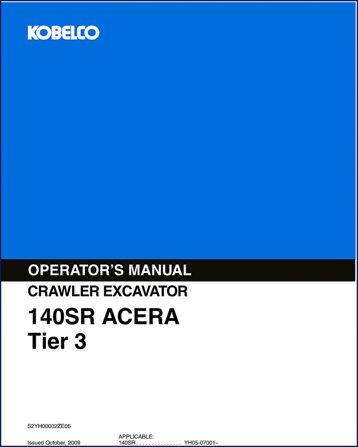 New Holland Kobelco 140SR ACERA 2009 Operator's Manual cover showing crawler excavator