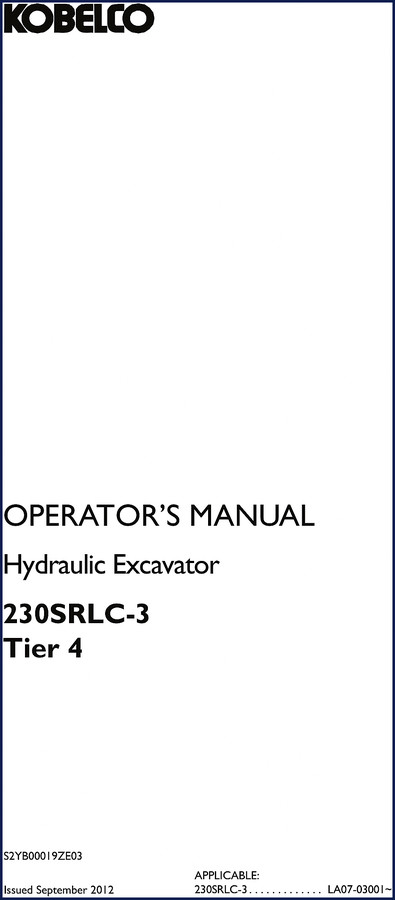 New Holland Kobelco 230SRLC-3 2012 Operators Manual cover showing hydraulic excavator