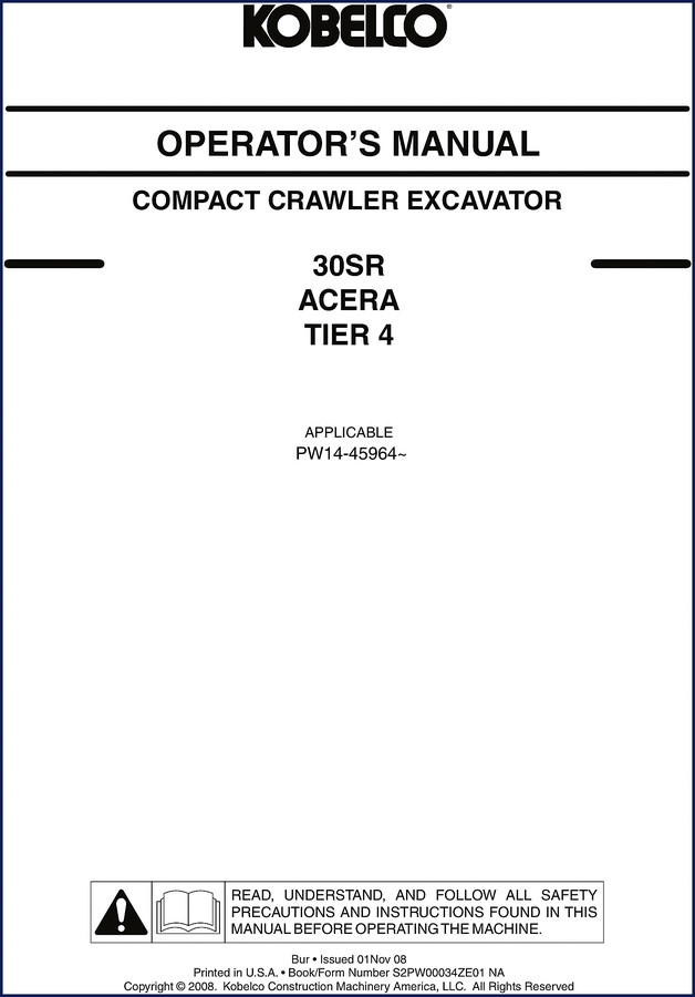 New Holland Kobelco 30SR 2008 Operators Manual cover showing ACERA Tier 4 model