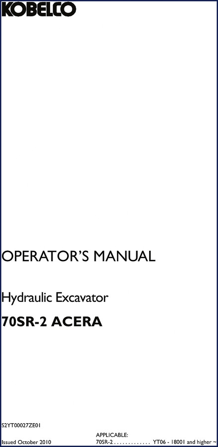 New Holland Kobelco 70SR-2 ACERA 2010 Operators Manual cover image
