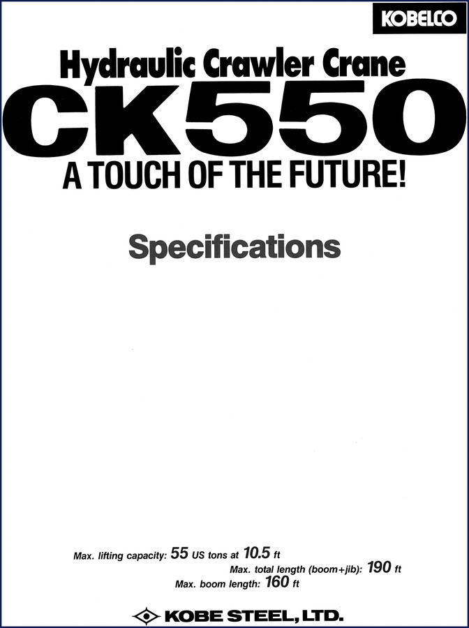 New Holland Kobelco CK550 Technical Manual cover page showing specifications and crane silhouette