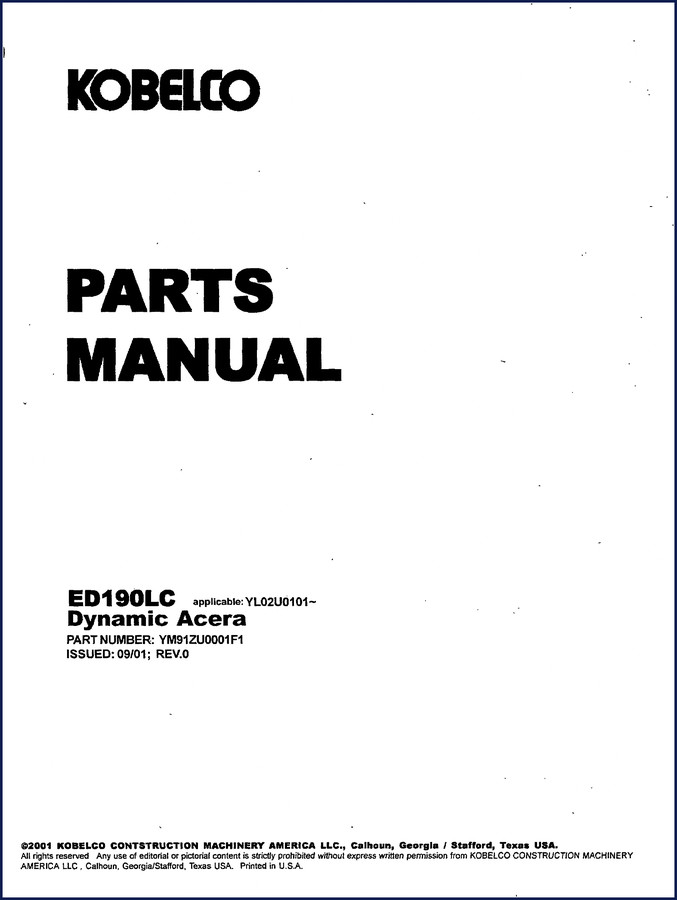 FIAT Kobelco ED190LC Dynamic Acera 2001 Parts Catalog cover page