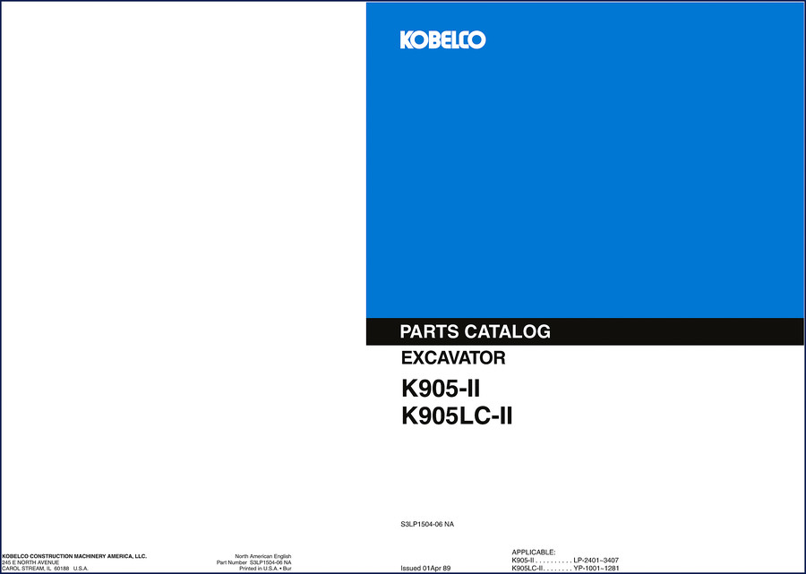 FIAT Kobelco K905LC-II K905-II 1989 Parts Catalog cover page