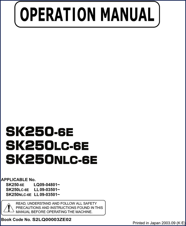 New Holland Kobelco SK250-6E SK250LC-6E SK250NLC-6E 2003 Operators Manual cover