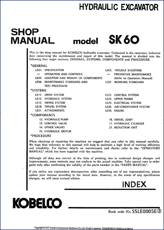 New Holland Kobelco SK60 SK100 SK120 SK200 SK200LC hydraulic excavator factory service manual 1990 cover