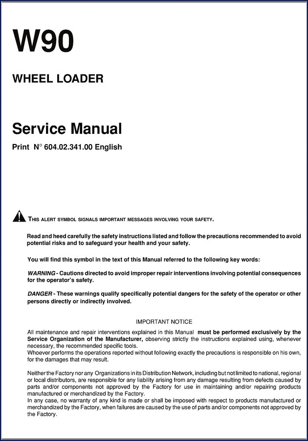 FIAT Kobelco W900 Service Manual cover - 321 page OEM factory shop manual for wheel loader backhoe