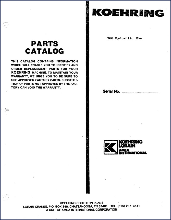 Koehring 366 Hydraulic Hoe OEM Parts Catalog - 355 pages factory specification document