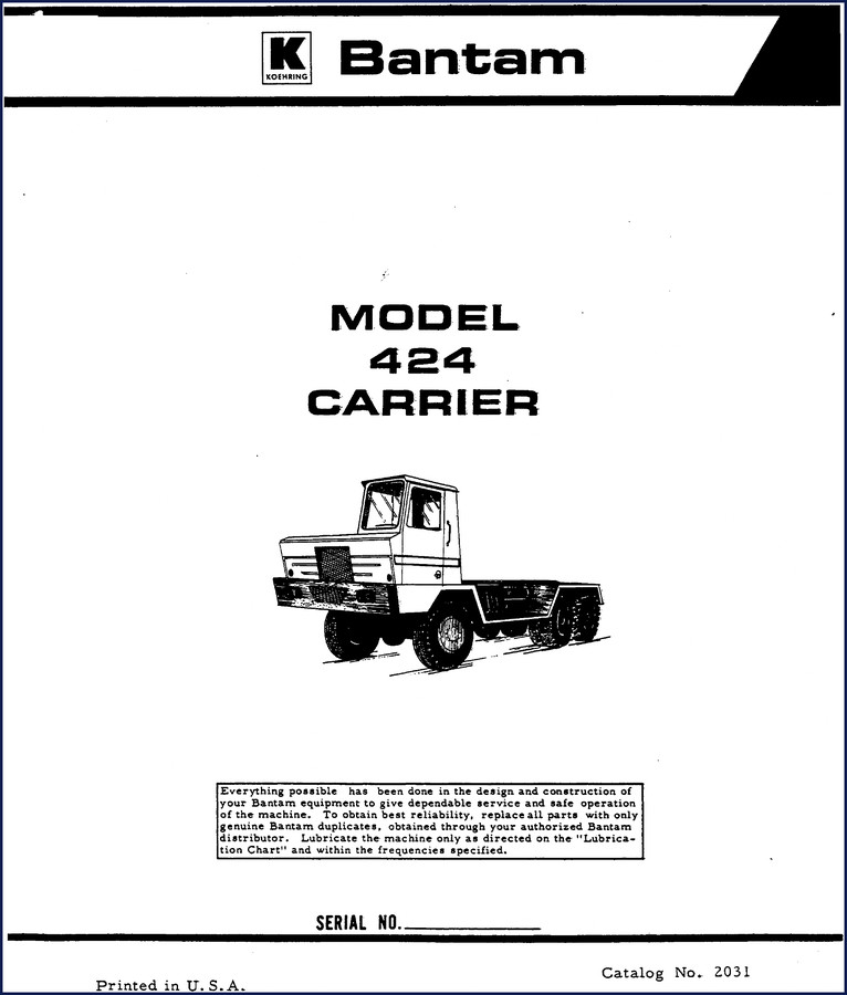Koehring 424 Parts Catalog cover page showing the carrier model and OEM part numbering system