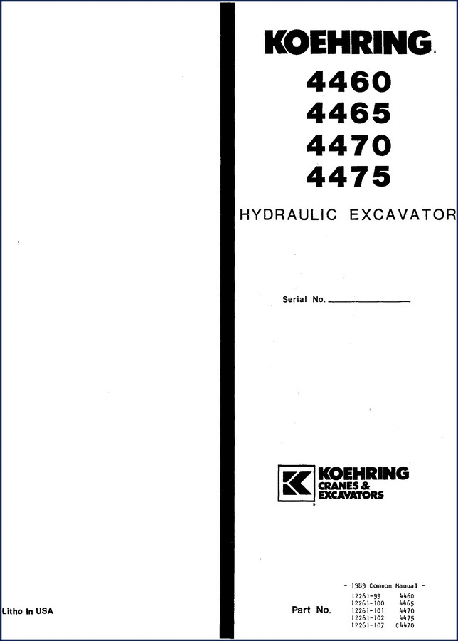 Koehring 4460-4475 1989 Parts Catalog cover – factory OEM parts manual for hydraulic excavator