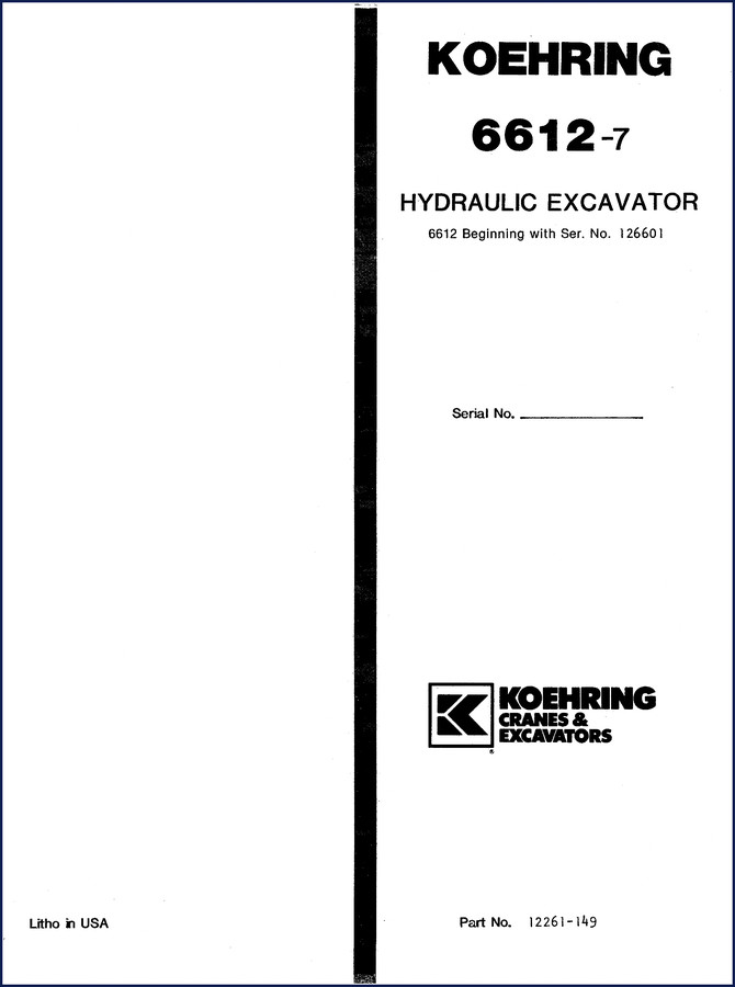 Koehring 6612 & 6612-7 original OEM parts catalog manual cover photo showing excavator illustration