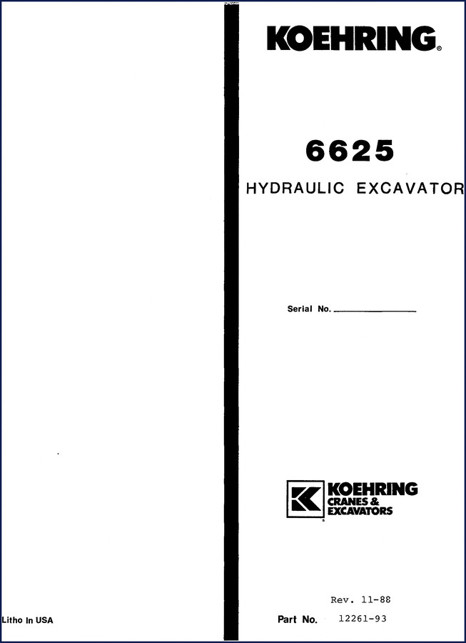 Koehring 6625 1988 Parts Catalog cover page showing hydraulic excavator model