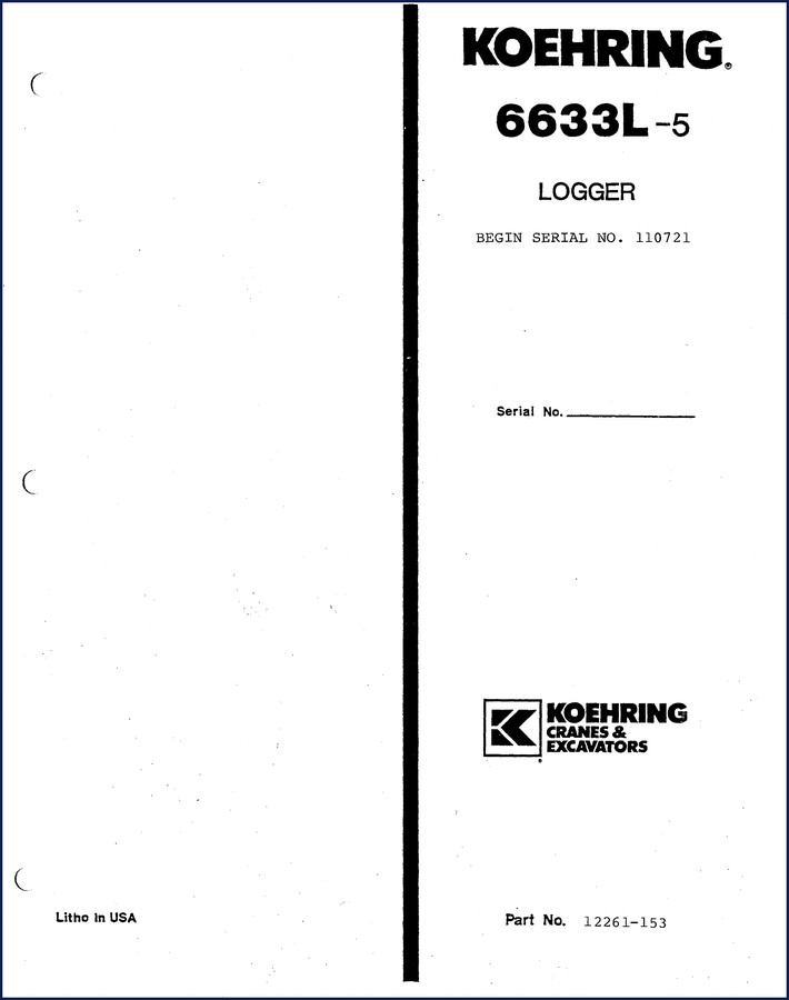 Koehring 6633L-5 Logger Parts Catalog cover page showing factory OEM documentation