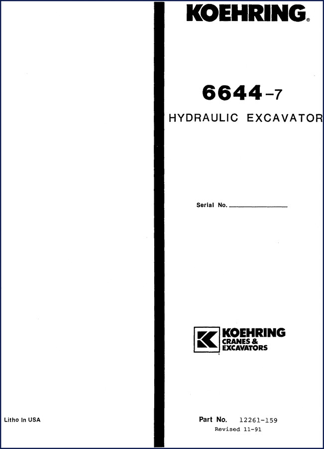 1991 Koehring 6644-7 Hydraulic Excavator Parts Catalog front cover with serial number block and Koehring branding