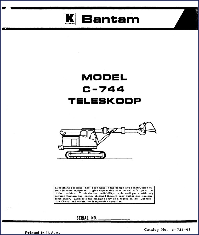 1975 Koehring Bantam C-744 Parts Catalog cover page showing model and serial number fields