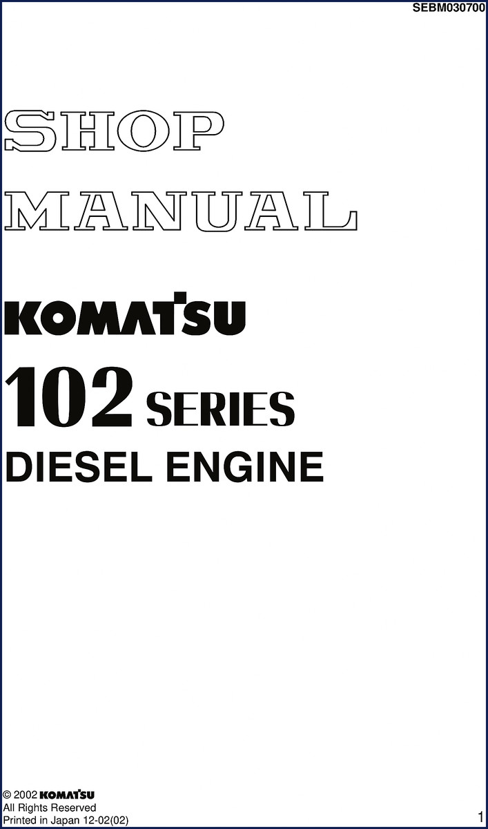 Komatsu 102 Series Diesel Engine 2002 Workshop Manual cover showing engine cutaway