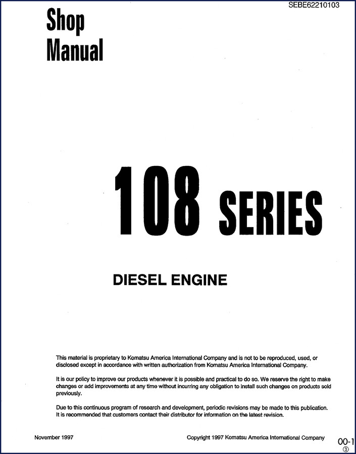 Komatsu 108 Series 1997 Service Manual cover page showing diesel engine cutaway