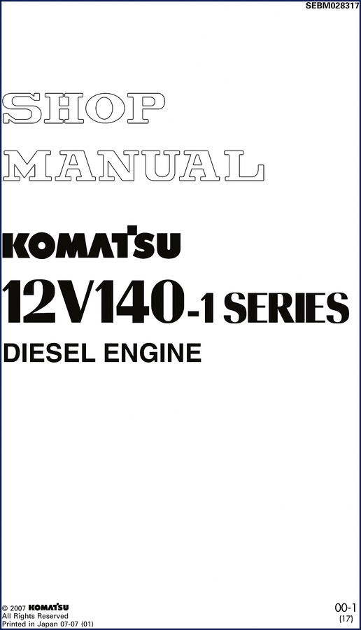 Komatsu 12V140-1 Series Diesel Engine Shop Manual cover 2007