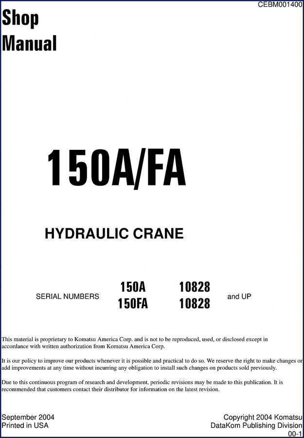 Komatsu 150A FA 2004 Workshop Manual cover page showing crane illustration and serial number range