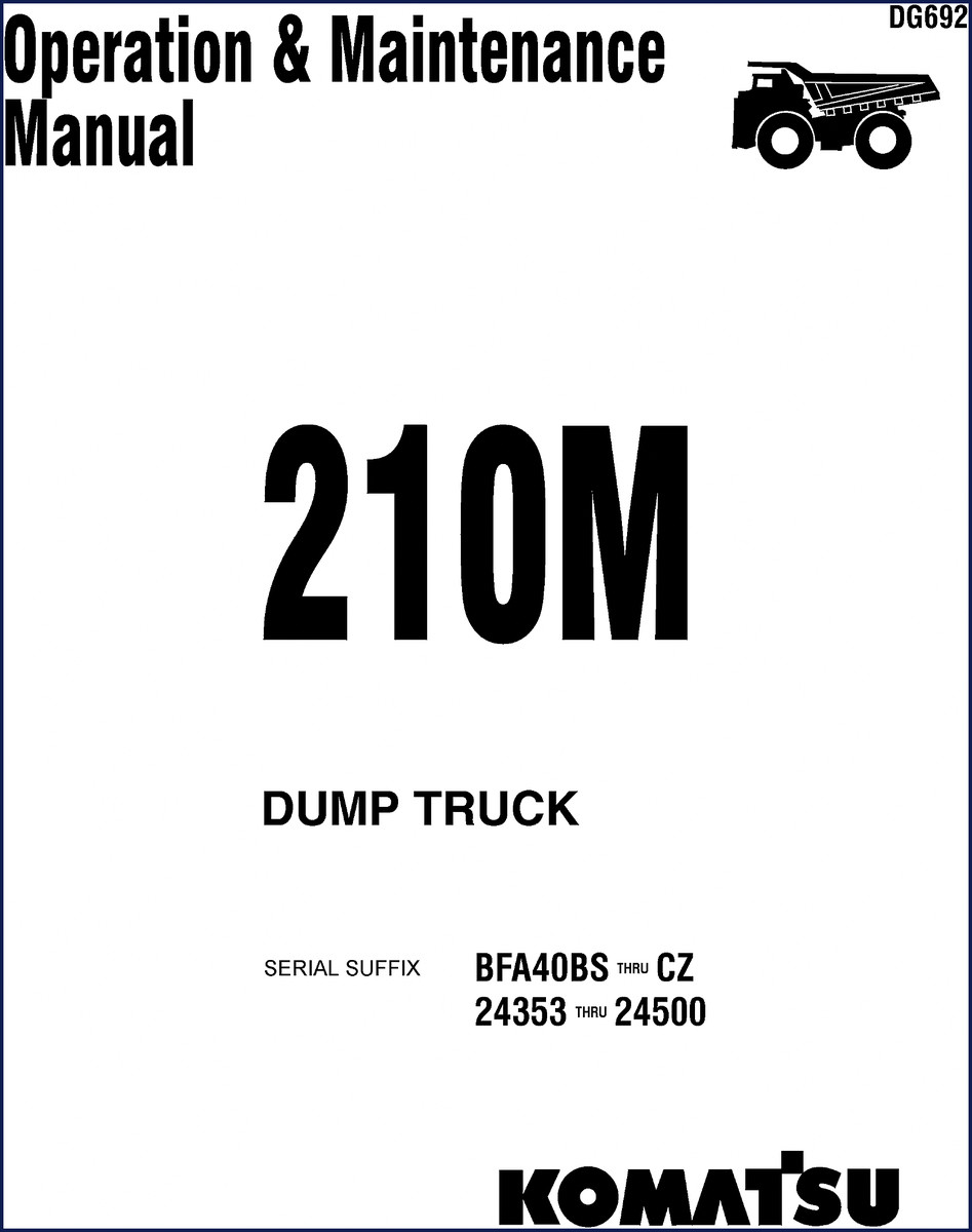 Komatsu 210M Operation & Maintenance Manual cover showing dump truck illustration and model number