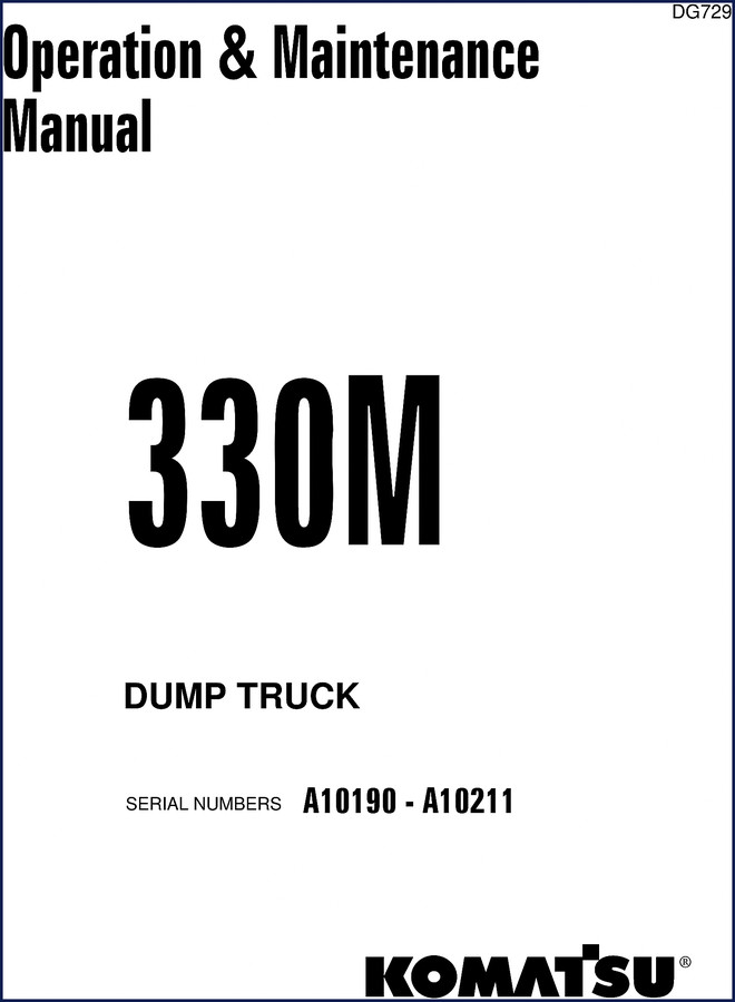 Komatsu 330M Operators Manual cover showing dump truck and serial number range A10190-A10211