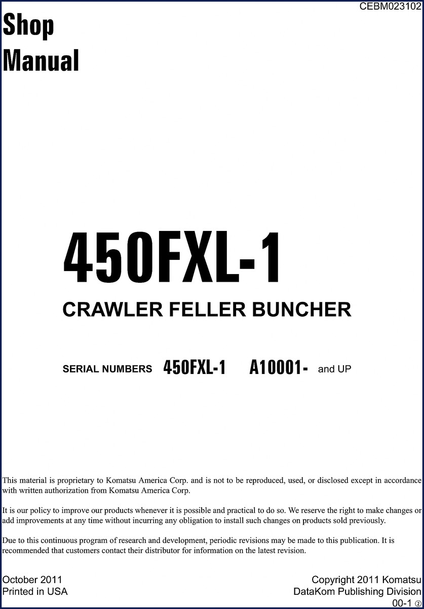 Komatsu 450FXL-1 2011 Service Manual cover – OEM factory shop manual for Crawler Feller Buncher