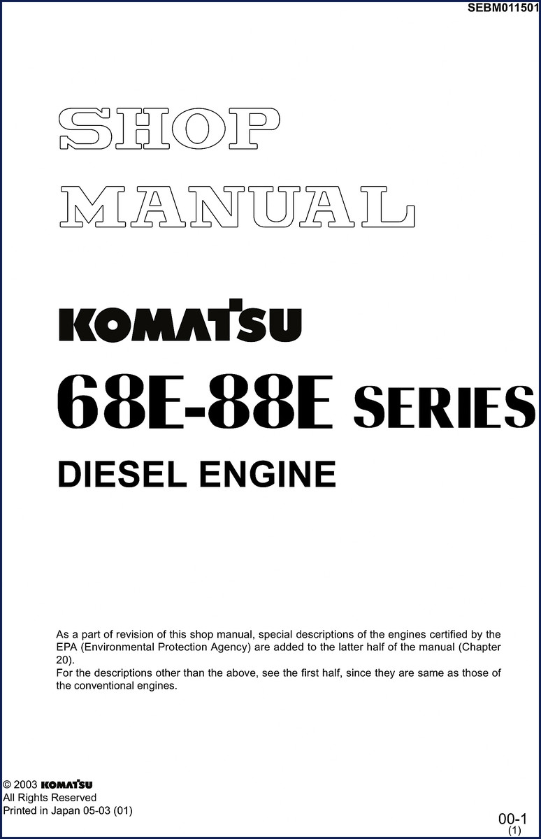 2003 Komatsu 68E 88E workshop manual cover showing diesel engine cross-section