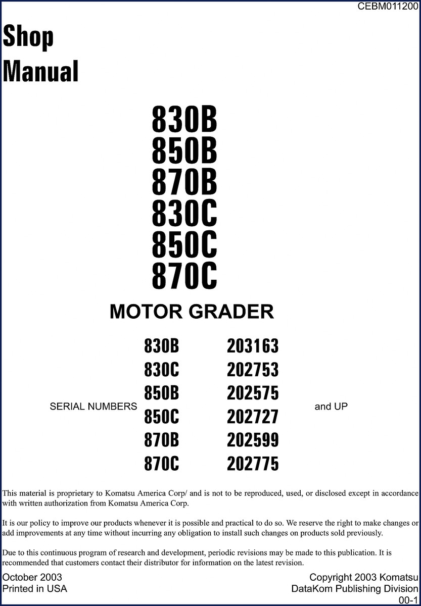 Komatsu 830B 2003 workshop manual cover page showing motor grader and manual title