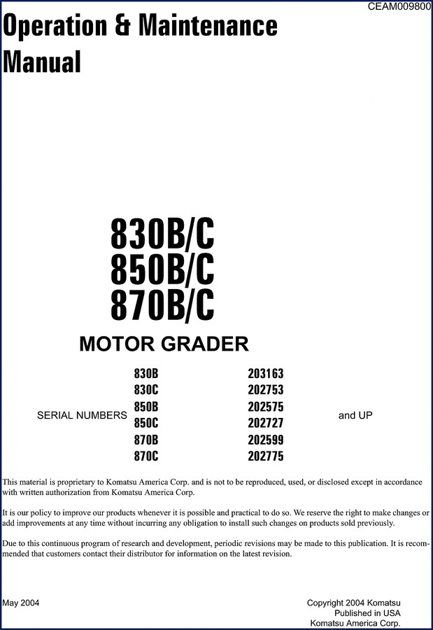 Komatsu 830B 850B 870B 830C 850C 2004 Operators Manual cover page