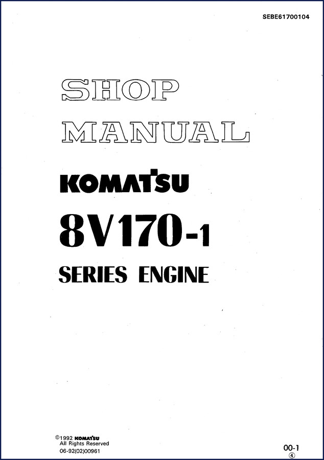 Komatsu 8V170-I 1992 Service Manual cover - OEM factory service manual for engine