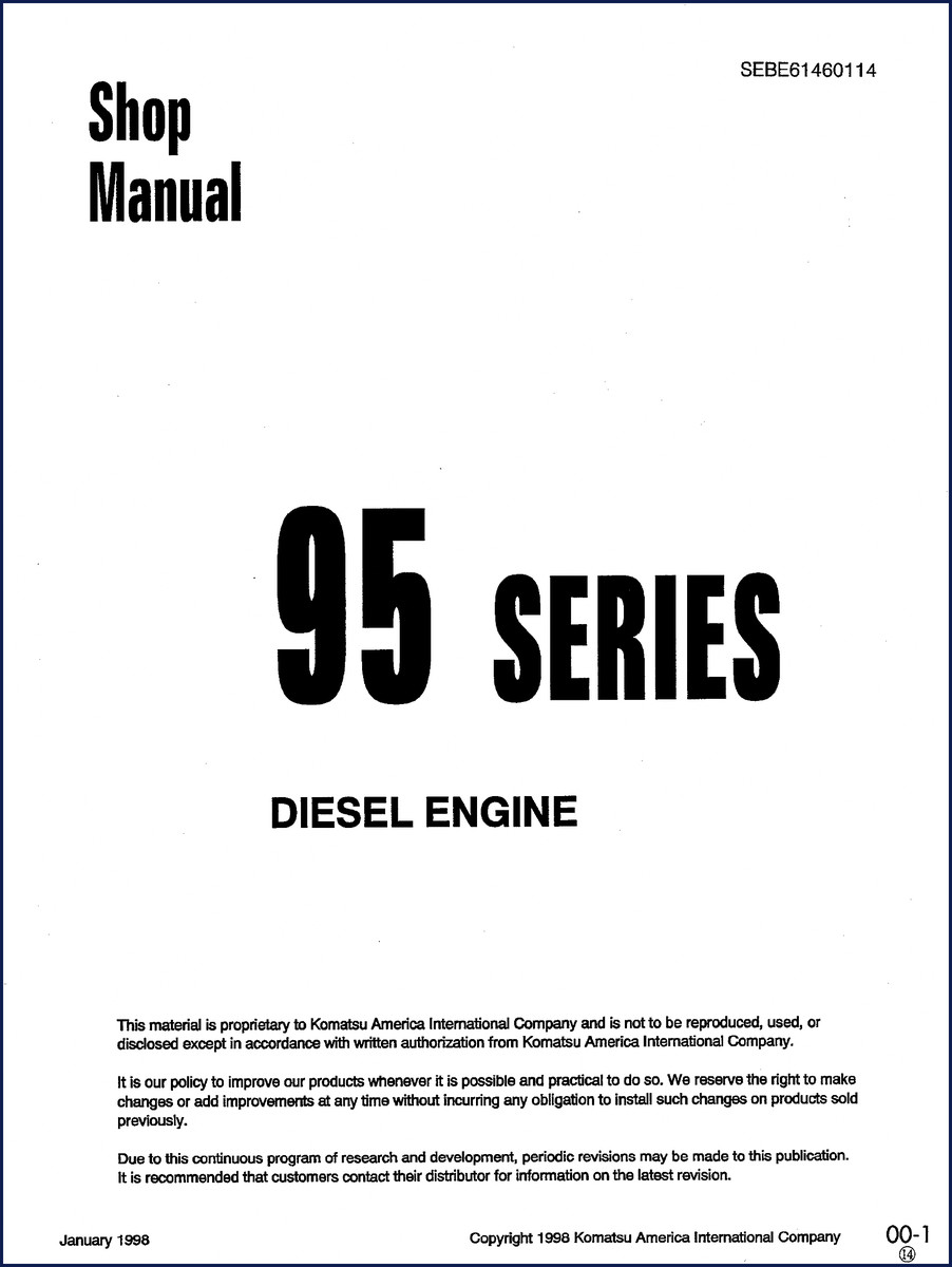 Komatsu 95 SERIES 1998 service manual cover photo showing engine cross-section