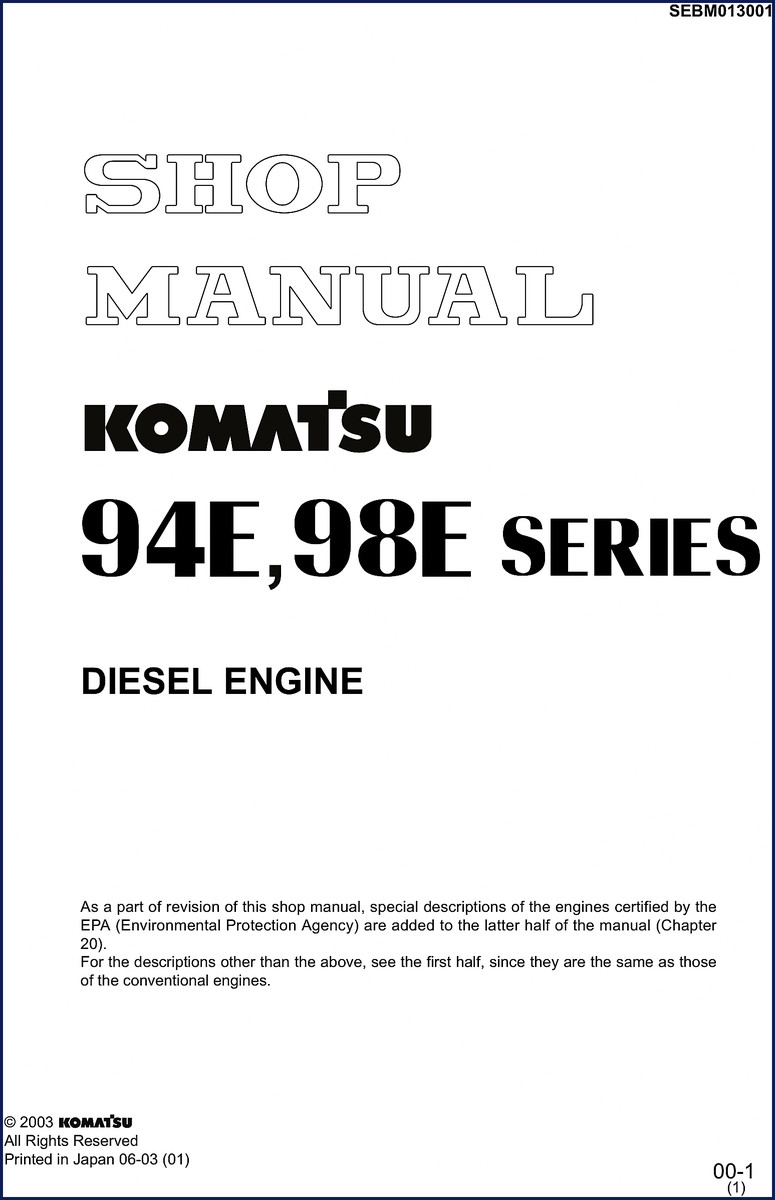 Komatsu 98E and 94E diesel engine 2003 service manual cover – OEM shop manual with 140 pages