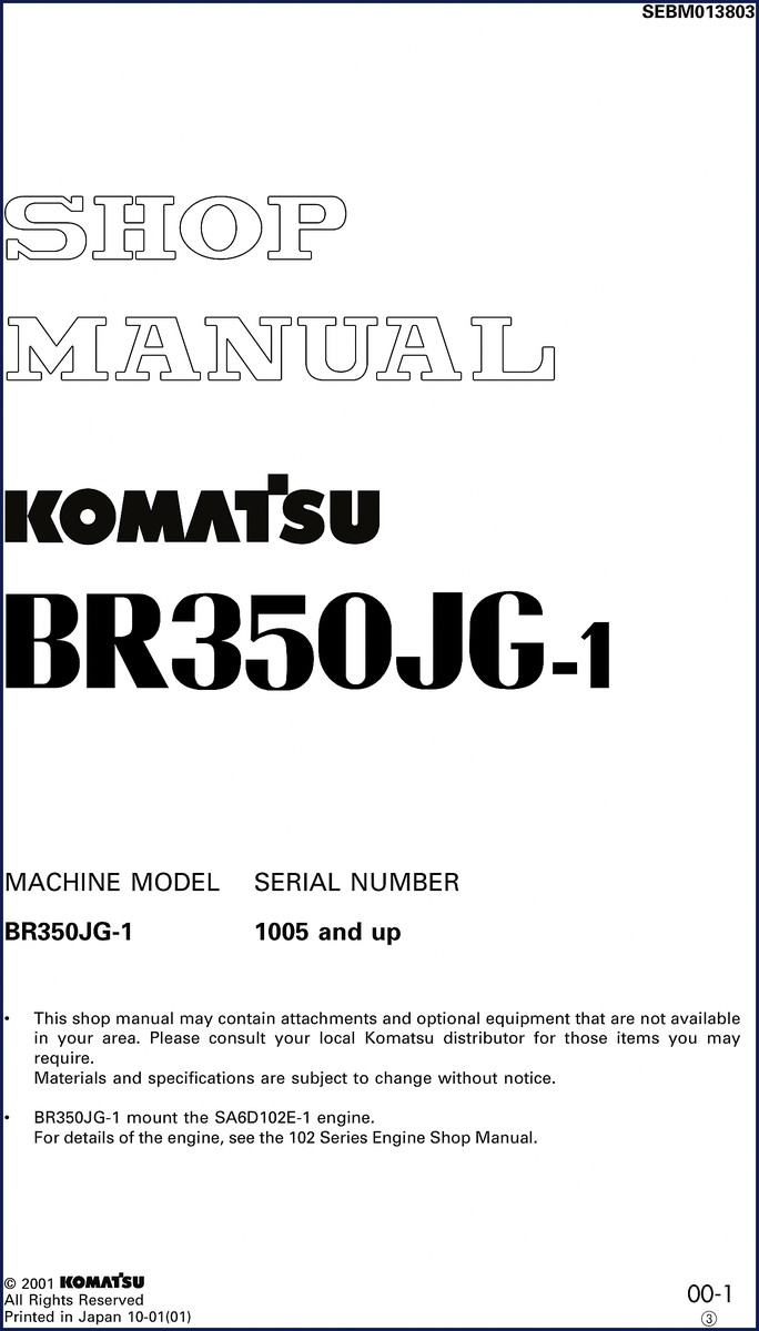 Komatsu BR350JG-1 2001 Workshop Manual cover – OEM factory service manual for crusher