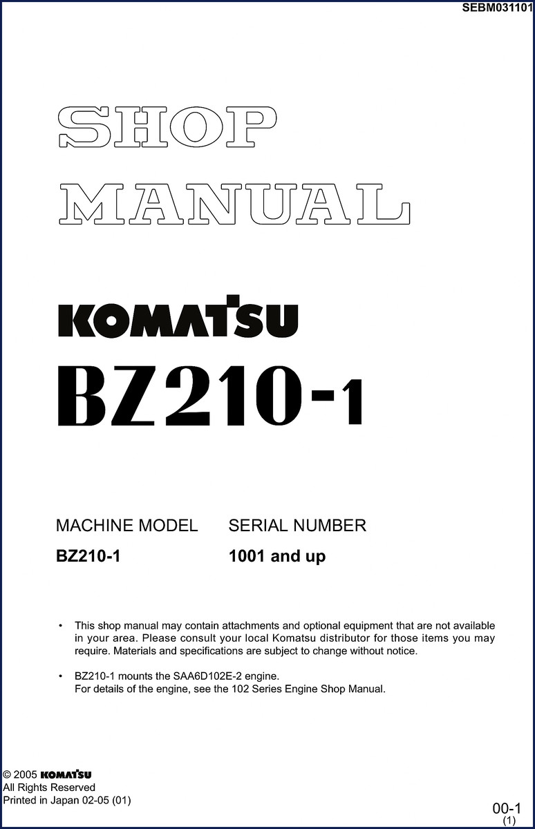 Komatsu BZ210-1 2005 Workshop Manual cover showing model and serial number range
