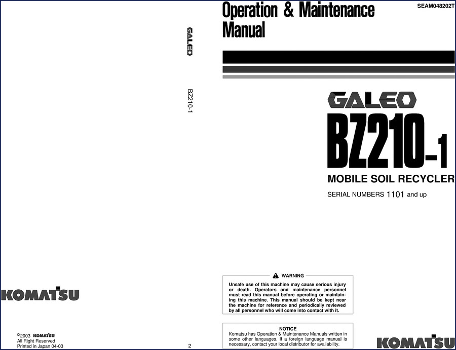 Komatsu BZ210-1 2003 Operators Manual cover page showing model and serial numbers