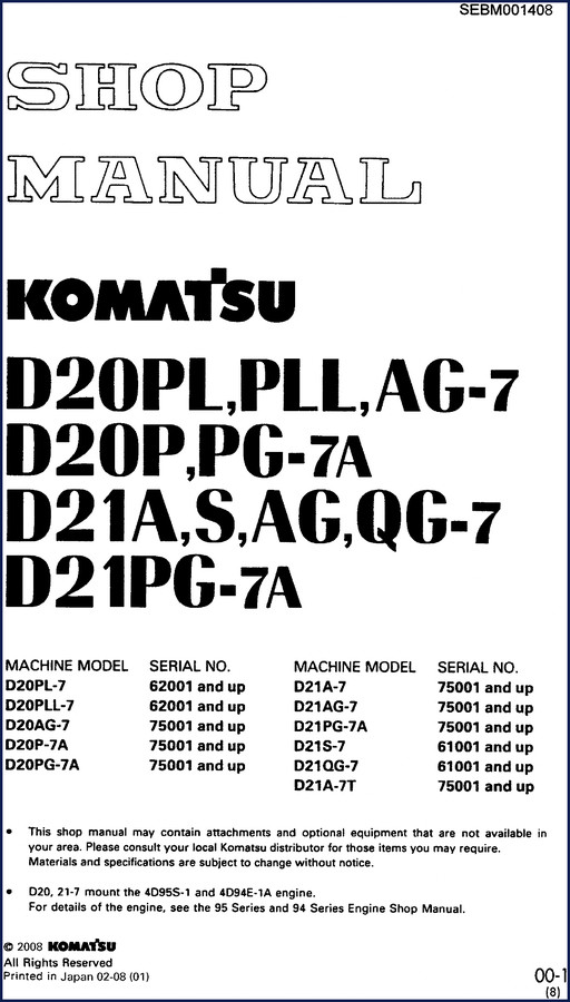 Komatsu D20PL-7 2008 Workshop Manual cover - factory service repair manual for bulldozer engines