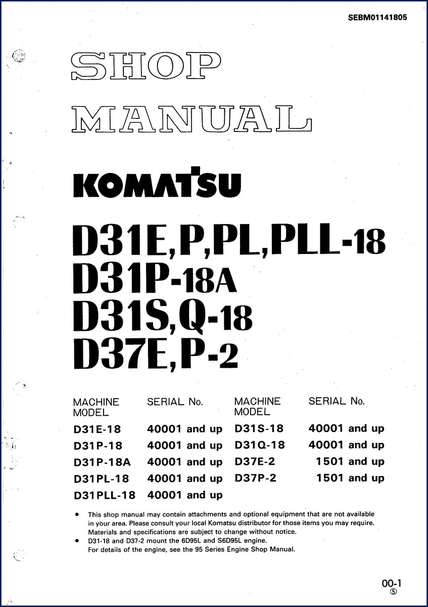 Komatsu D31E D31P D31PL D31S D37E Workshop Manual cover - OEM factory service manual for 6D95L engine