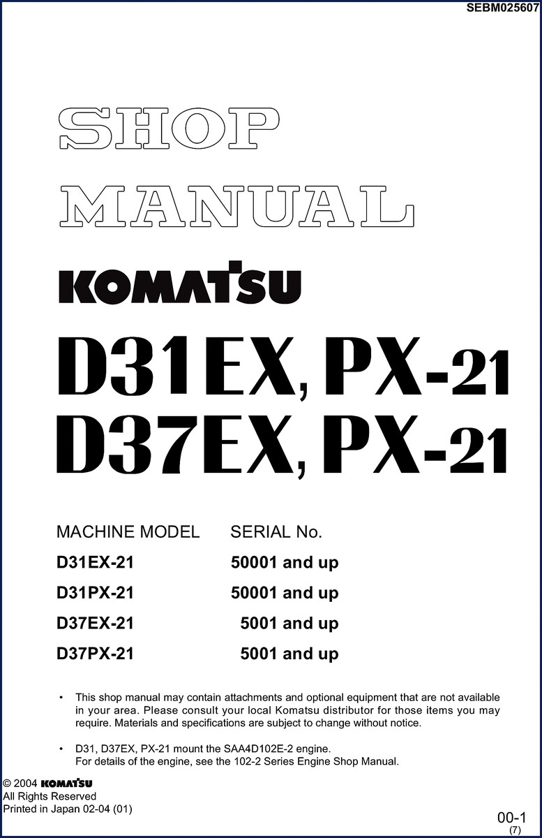 Komatsu D31EX, D31PX, D37EX, D37PX 2004 workshop manual cover showing machine diagram