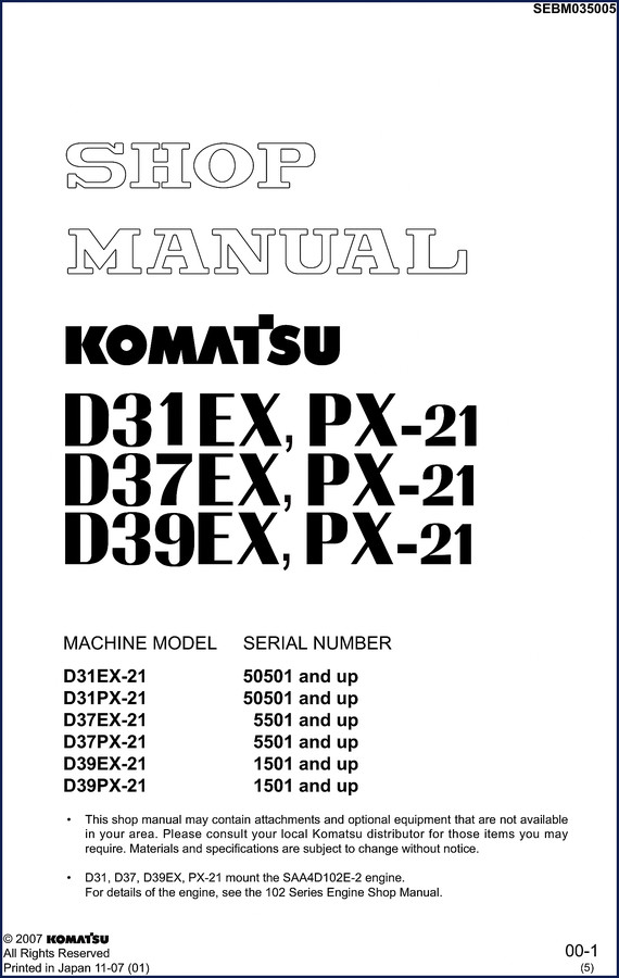 Komatsu D31EX D31PX D37EX D37PX D39EX 2007 Workshop Manual cover
