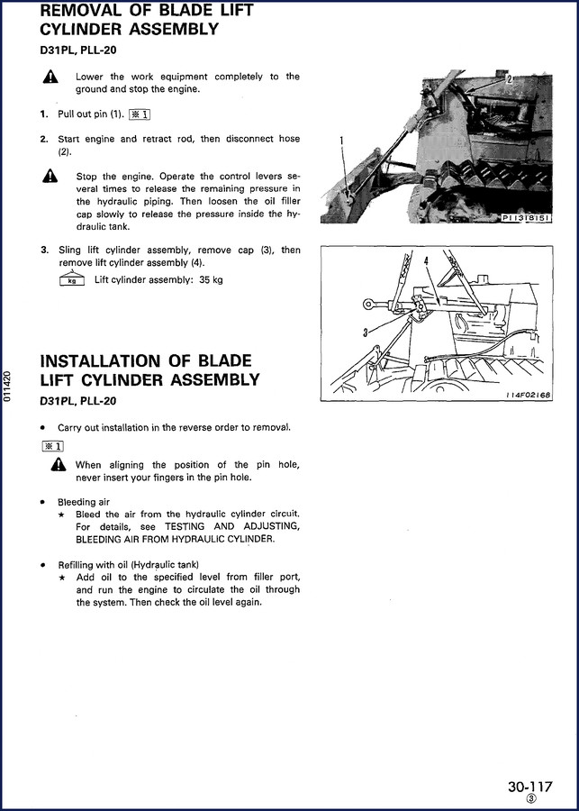 Komatsu D31PL service manual cover showing blade lift cylinder removal instructions for D31PL and PLL-20 models
