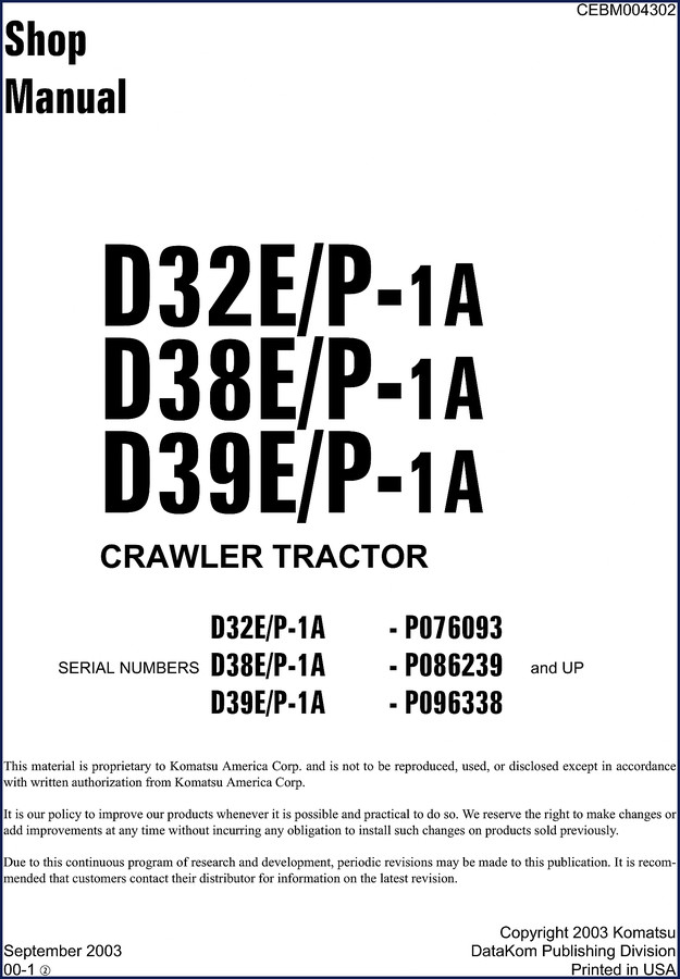 Komatsu D32E/P-1A, D38E/P-1A, D39E/P-1A 2003 Service Manual cover