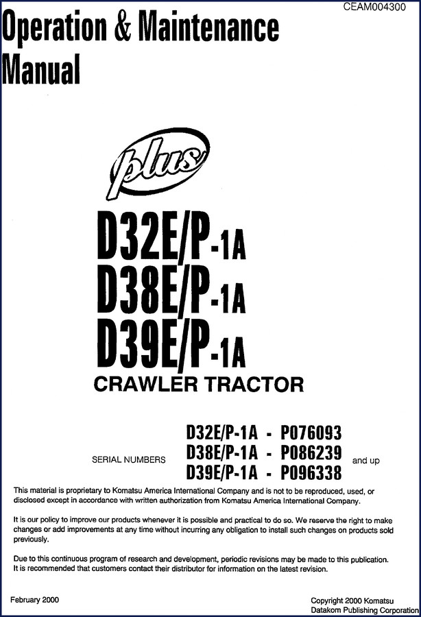 Komatsu D32E/P D38E/P D39E/P 2000 Operation and Maintenance Manual cover