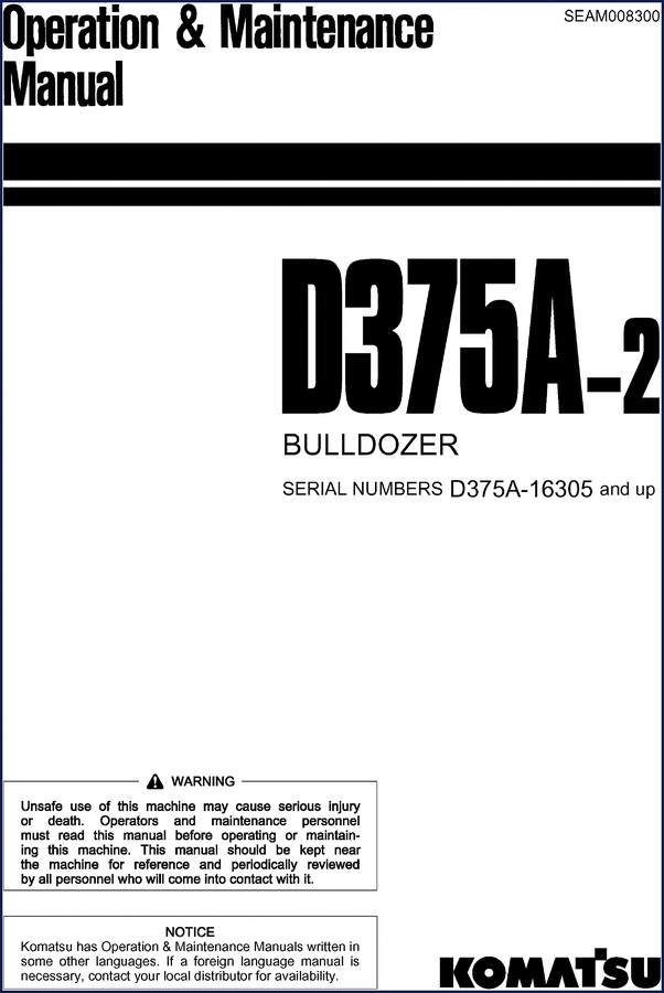 Komatsu D375A Operators Manual – 201-page factory document with safety labels and torque tables