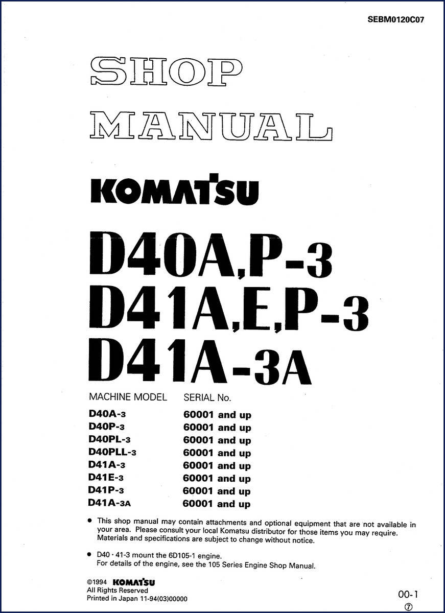 Komatsu D40A-3 1994 workshop manual cover showing model and serial number range
