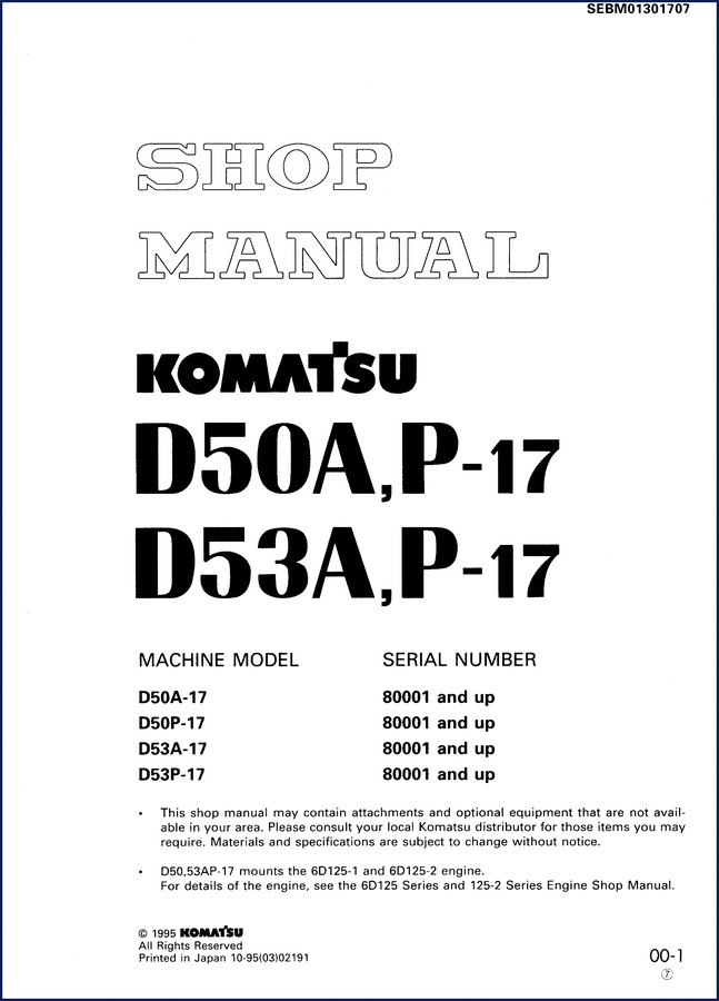 1995 Komatsu D50A D50P D53A D53P Workshop Manual cover showing hydraulic system section